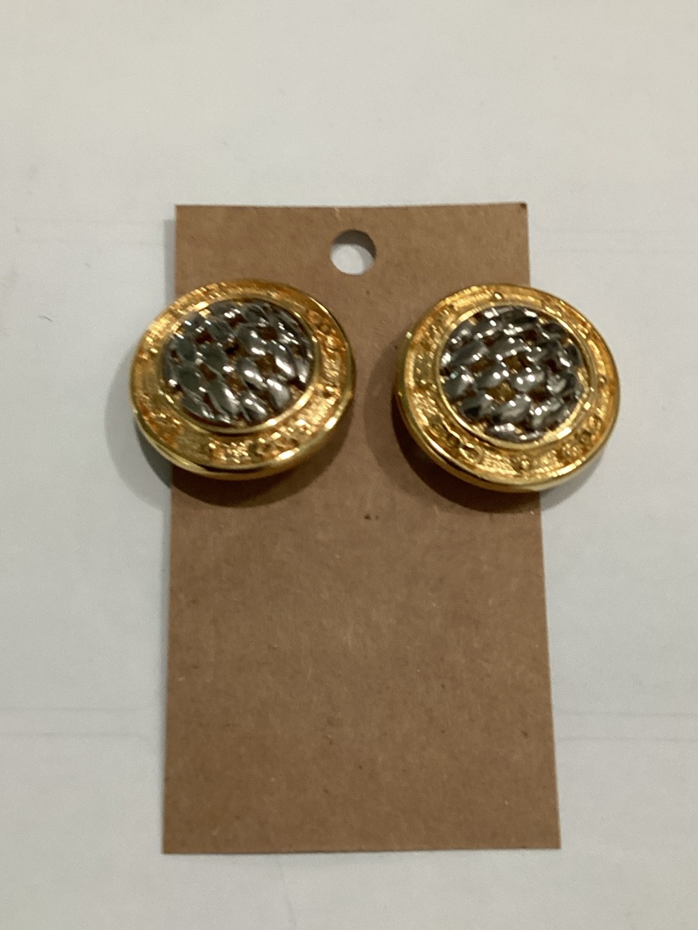 Gold and Silver Tone Round Filigree Button clip on Earrings